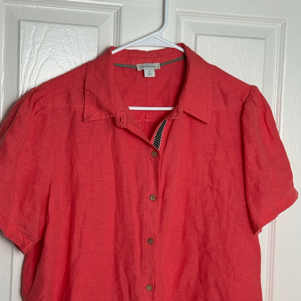 Sundance Coral Linen Short Sleeve Button Up Shirt Women's M - Picture 2 of 8